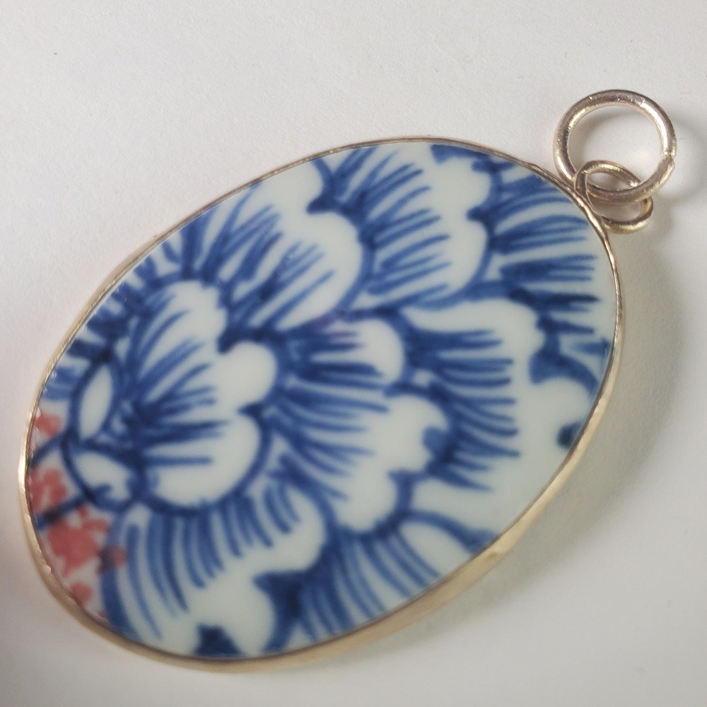 Blue & White Porcelain Floral Oval Pendant Broken‎ China Chinoiserie Jewelry - Picture 2 of 10